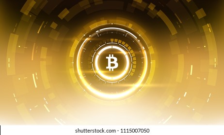 Golden bitcoin cryprocurrency futuristic vector illustration for background, HUD, graphic user interface, banner, business and finance infographics and more. Worldwide digital money blockchain system