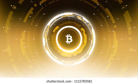 Golden bitcoin cryprocurrency futuristic vector illustration for background, HUD, graphic user interface, banner, business and finance infographics and more. Worldwide digital money blockchain system