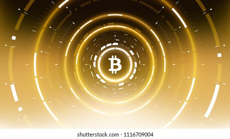 Golden bitcoin cryprocurrency futuristic vector illustration for background, HUD, graphic user interface, banner, business and finance infographics and more. Worldwide digital money blockchain system