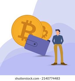 Golden bitcoin crypto Concept of cryptocurrencies, a man stand with bitcoin and altcoins banner, digital currencies based on blockchain technology. vector, illustration