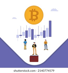 Cripto de bitcoin dorado Concepto de hombres de fondo blanco, moneda de monedas cripto, billetera de altcoins, monedas digitales basadas en tecnología de blockchain, vector e ilustración