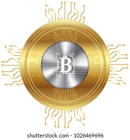 Golden bitcoin crypto currency, vector. Isolated on white