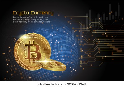 Golden bitcoin cryptocurrency above blue dotted digital globe background with digital circuit. Vector illustration.