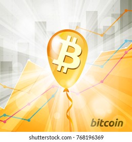Golden bitcoin cryptocurrency baloon in the bright rays on background with statistics chart showing various visualization 