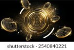 Golden Bitcoin Cryptocurrency Concept with Floating Coins and Digital Technology Background, Highlighting Blockchain and Digital Asset Investment, vector illustration

