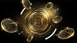 Golden Bitcoin Cryptocurrency Concept with Floating Coins and Digital Technology Background, Highlighting Blockchain and Digital Asset Investment, vector illustration

