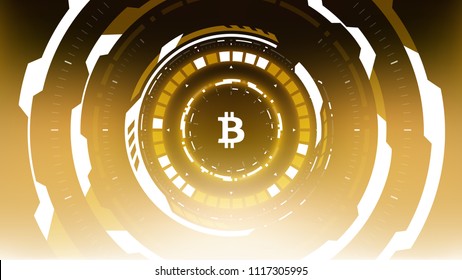 Golden Bitcoin Cryptocurrency Futuristic Sci-Fi Technology Circular HUD Background Illustration. Worldwide Digital Money Blockchain System