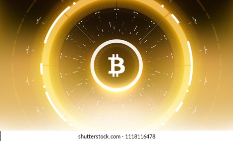 Golden Bitcoin Cryptocurrency Futuristic Sci-Fi Technology Circular HUD Background Illustration. Worldwide Digital Money Blockchain System