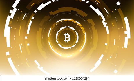Golden Bitcoin Cryptocurrency Futuristic Sci-Fi Technology Circular HUD Background Illustration. Worldwide Digital Money Blockchain System
