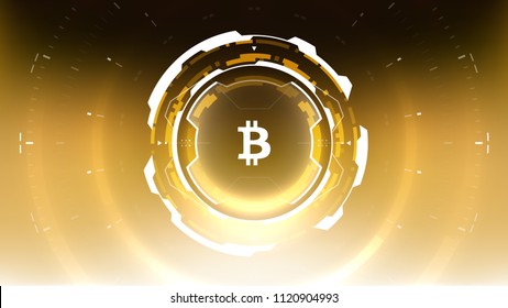 Golden Bitcoin Cryptocurrency Futuristic Sci-Fi Technology Circular HUD Background Illustration. Worldwide Digital Money Blockchain System