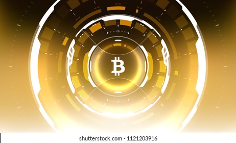 Golden Bitcoin Cryptocurrency Futuristic Sci-Fi Technology Circular HUD Background Illustration. Worldwide Digital Money Blockchain System