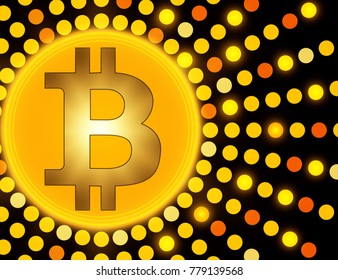 Golden bitcoin cryptocurrency on abstract golden background. Vector illustration