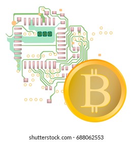 Golden Bitcoin Cryptocurrency on chip background. Vector illustration
