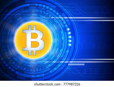 Golden bitcoin cryptocurrency on digital technology background. Vector illustration