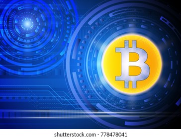 Golden bitcoin cryptocurrency on digital technology background. Vector illustration