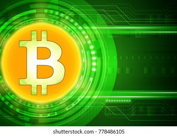 Golden bitcoin cryptocurrency on digital technology background. Vector illustration