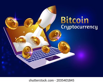 Golden bitcoin cryptocurrency with rocket booster and laptop 