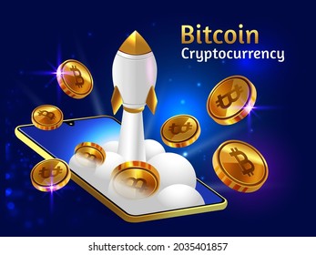 Golden bitcoin cryptocurrency with rocket booster and smartphone 