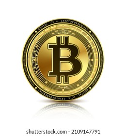 Golden bitcoin currency coin. Electronic crypto currency technology. Digital cryptocurrency block chain market token. Realistic 3D vector. Isolated on white background.