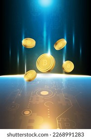 Golden bitcoin digital cryptocurrency, futuristic digital money, technology circuit network concept. Vector illustration design.