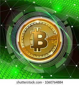 Golden bitcoin digital currency. Cryptocurrency advertising banner template on the green background