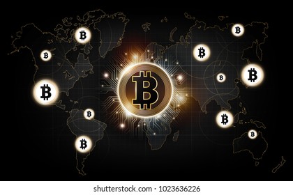 Golden bitcoin digital currency, futuristic digital money, technology worldwide network concept, vector illustration