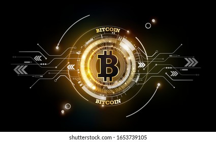 Golden bitcoin digital currency, futuristic digital money, technology worldwide network concept, vector illustration