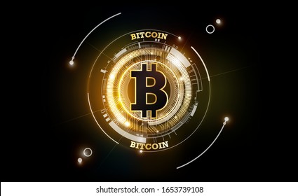 Golden bitcoin digital currency, futuristic digital money, technology worldwide network concept, vector illustration