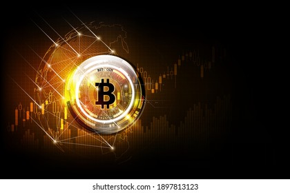 Golden bitcoin digital currency, futuristic digital money on global hologram, technology worldwide network concept, vector illustration