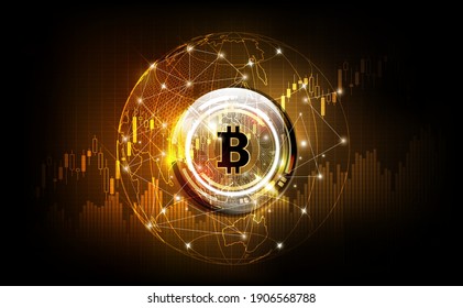 Golden bitcoin digital currency, futuristic digital money on global hologram, technology worldwide network concept, vector illustration