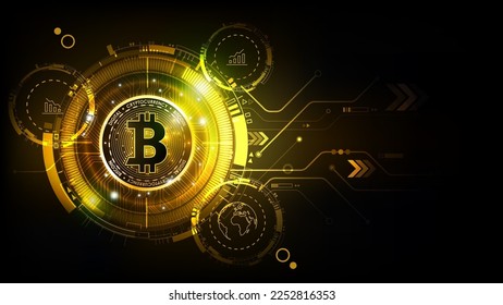 Golden bitcoin digital currency, futuristic digital money on technology background and line Icon, Technology cryptocurrency concept, vector illustration