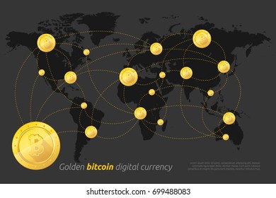 Golden bitcoin digital currency, futuristic digital money on dark background with world map. Vector illustration
