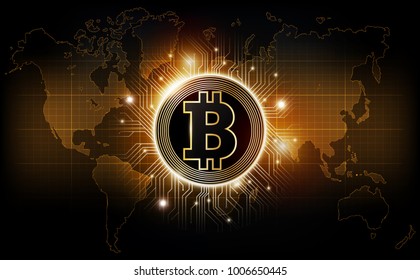Golden bitcoin digital currency on world map, futuristic digital money, technology worldwide network concept, vector illustration