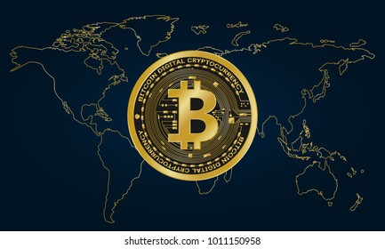 Golden bitcoin digital currency on world map , futuristic digital money.