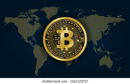 Golden bitcoin digital currency on world map, futuristic digital money, 