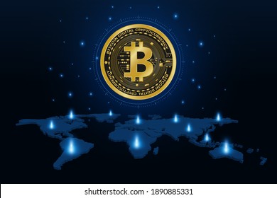 Golden bitcoin digital currency on world map, futuristic digital money, 