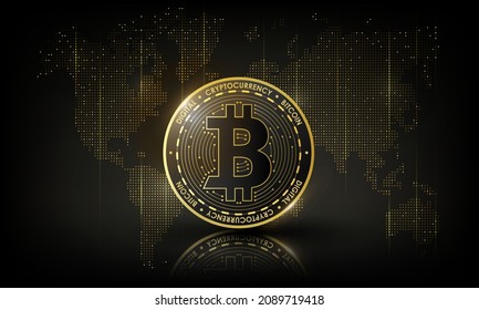 Golden bitcoin digital currency on world map, futuristic digital money, technology worldwide network concept, vector illustration - Powered by Shutterstock - Get 15% off with code: PIKWIZARD15