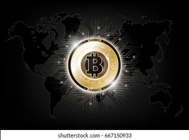 Golden bitcoin digital currency on world map, futuristic digital money, technology worldwide network concept, vector illustration