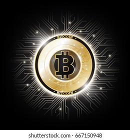 Golden bitcoin digital currency on circuit board, futuristic digital money, technology worldwide network concept, vector illustration