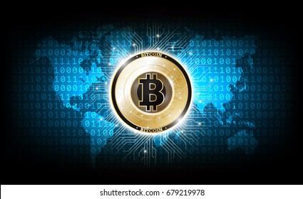 Golden bitcoin digital currency on binary code world map, futuristic digital money, technology worldwide network concept, vector illustration