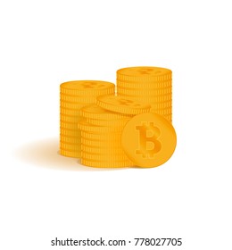 Golden bitcoin digital currency. A stack of coins bitcoin. Gold stack of bitcoins cryptocurrency coins.