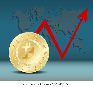 Golden bitcoin digital currency. Stacks of ten coins on dark blue with world map and red arrow. Bitcoin mining. Cryptocurrency technology and digital money. 3D vector illustration.