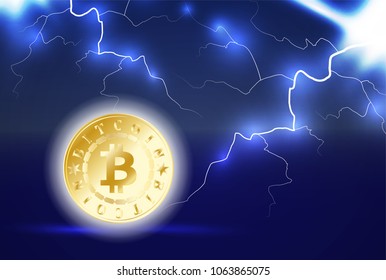 Golden bitcoin digital currency. Stacks of ten coins on dark blue background with lightning or storm. Bitcoin mining. Cryptocurrency technology and digital money. 3D vector illustration