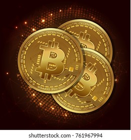 Golden bitcoin digital currency. vector illustration. design banners web template with place for your text