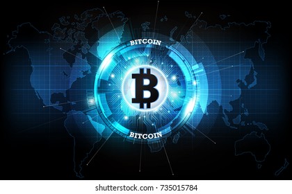 Golden bitcoin digital currency and world globe hologram, futuristic digital money and technology worldwide network concept, vector illustration