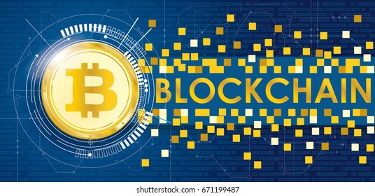 Bitcoin dorado con esquematico electrónico y banner sobre el fondo azul. Archivo vectorial Eps 10.