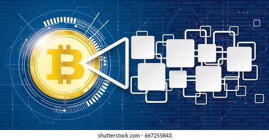 Golden bitcoin with electronic schematicon and blockchain banner on the blue background. Eps 10 vector file.