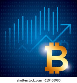 golden bitcoin emblem over blue background. colorful design. vector illustration