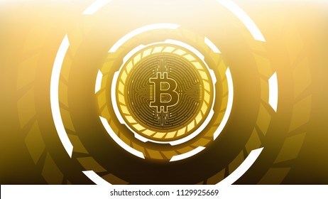 Golden Bitcoin Futuristic Sci-Fi Technology Cryptocurrency Textured Coin Hi-Tech Illustration. Isolated on Mesh Background