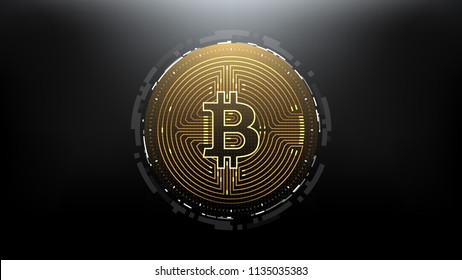 Golden Bitcoin Futuristic Sci-Fi Technology Cryptocurrency Textured Coin Hi-Tech Illustration. Isolated on Mesh Background